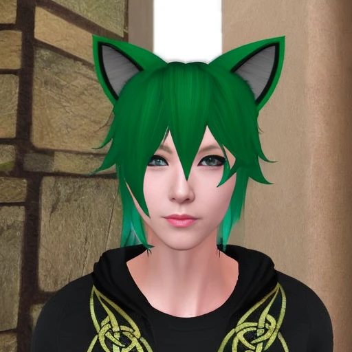 1boy,cat_ears, animal_ears, emerald hair, nonbinary transmasculine, male_focus looking_at_viewer, male_focus, manly, casual_clothes, solo, stubble, upper_body, cat_ears,vantablack_sequins, golden ratio, perfect eyes ,perfect face, rim_lighting, DLSS, FXAA, celtic elements, seconddusk