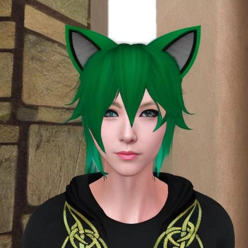 1boy,cat_ears, animal_ears, emerald hair, nonbinary transmasculine, male_focus looking_at_viewer, male_focus, manly, casual_clothes, solo, stubble, upper_body, cat_ears,vantablack_sequins, golden ratio, perfect eyes ,perfect face, rim_lighting, DLSS, FXAA, celtic elements, seconddusk