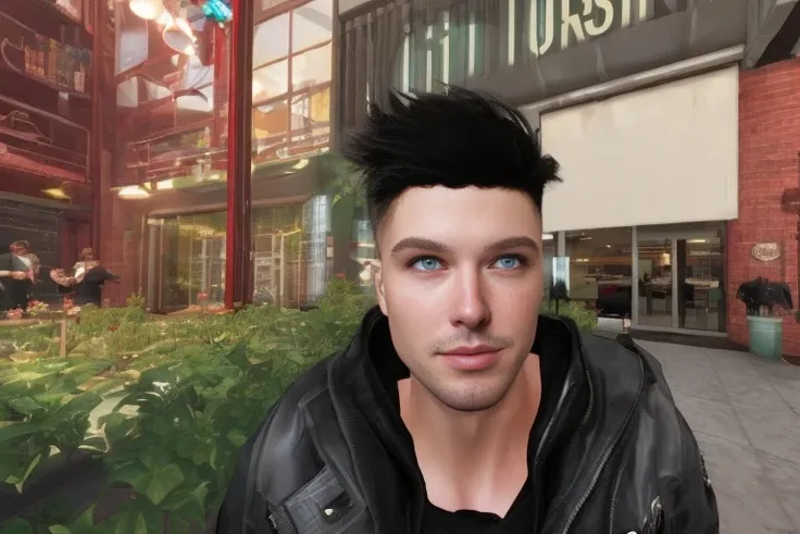 group,male_focus stubble,american heritage, male_focus,manly,sociable, happy facial expression, standing in mall near starbucks, minneapolis, minnesota, 1985, wide shot,rim_lighting, DLSS, FXAA, octane render, unreal engine 5,frost_engine_3,synthwave, 1980s, rtx,econddusk