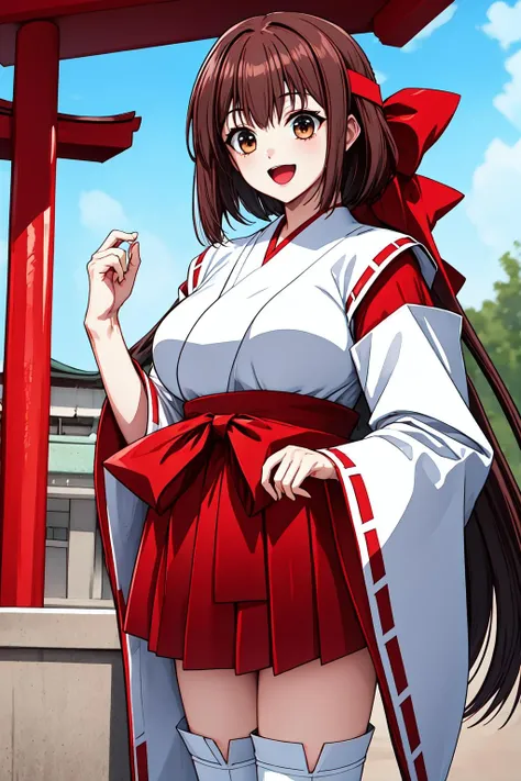 1girl, cowboy shot, (shrine:1.2), smile, open mouth,
pb_waka, large breasts, brown eyes, brown hair, long hair, very long hair, red hair ribbon, headband, bow, japanese clothes, skirt, red hakama, hakama skirt, white thighhighs, <lora:PB_waka_lora_ver1-000008:0.7>, best quality, masterpiece, highres, <lora:GoodHands-vanilla:1>