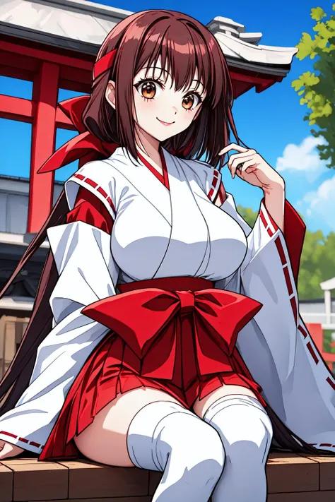 1girl, cowboy shot, (shrine:1.2), smile, sitting,
pb_waka, large breasts, brown eyes, brown hair, long hair, very long hair, red hair ribbon, headband, bow, japanese clothes, skirt, red hakama, hakama skirt, white thighhighs, <lora:PB_waka_lora_ver1:0.7>, best quality, masterpiece, highres, <lora:GoodHands-vanilla:1>