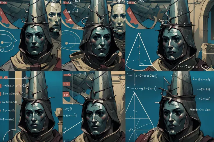 (masterpiece,best quality,absurdres,beautiful,aesthetic,detailed),text,English text,multiple views,helmet, stone face, faceless, <lora:sppenitentOne:0.8> penitentonedef, <lora:MathLadyMeme:0.9> mathladymeme