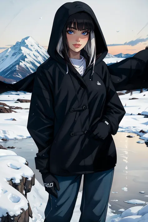 (masterpiece,best quality,absurdres,beautiful,aesthetic,detailed),1girl,solo,cowboy shot,cute girl in a winter coat,pants,snow,hood up,mittens,fur trim,mountain in background,black hair,blunt bangs <lora:Oversized Clothes 2_400740:1.9> oversized clothes