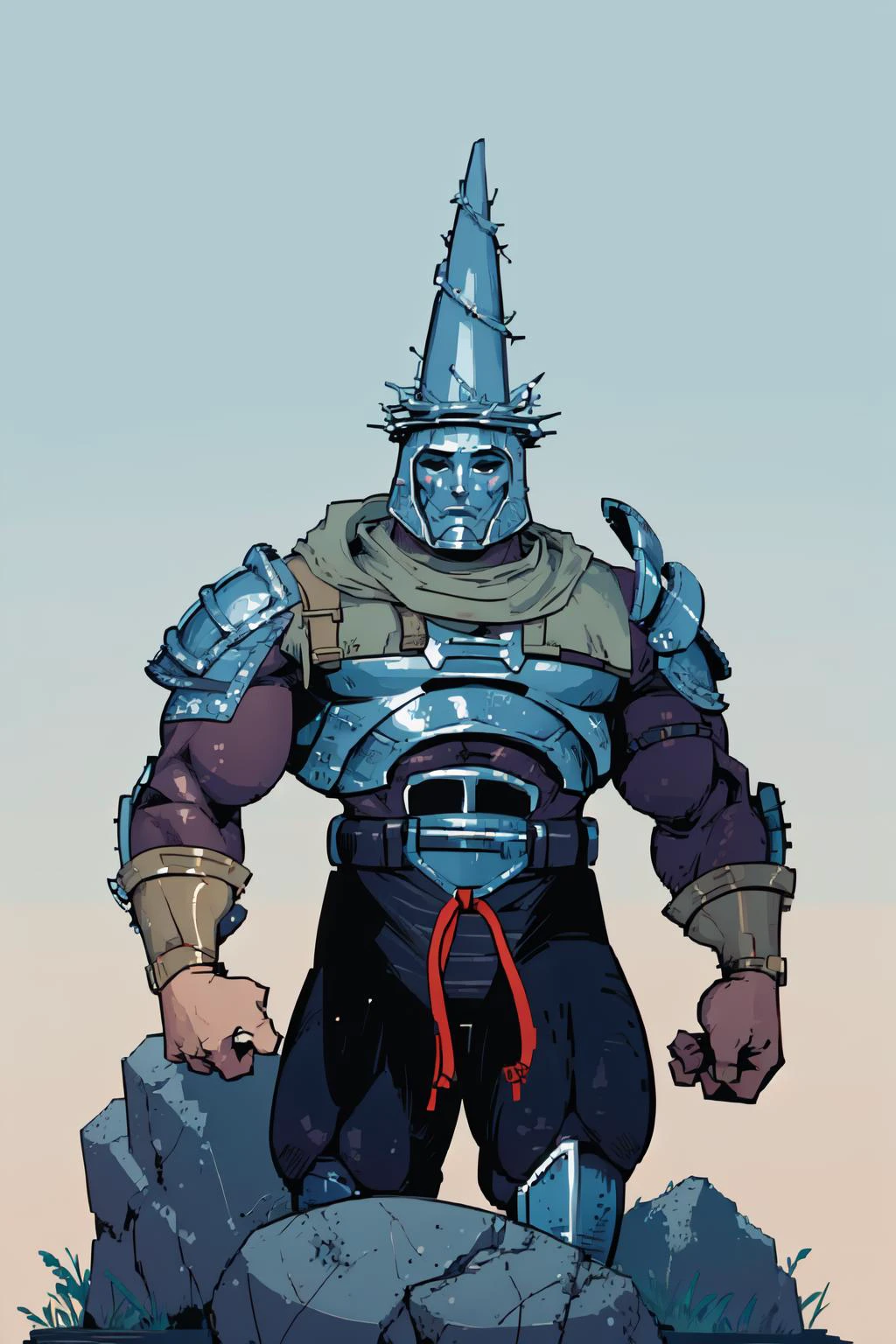 (masterpiece,best quality,absurdres,beautiful,aesthetic,detailed),simple background,1boy,helmet, stone face, faceless, armor,full armor, shoulder armor, <lora:sppenitentOne:0.9> penitentonedef, <lora:Cps2V2_Fp:1>
