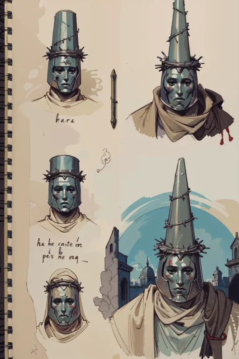 (masterpiece,best quality,absurdres,beautiful,aesthetic,detailed),<lora:DaVinciSketch:1> davincisketch with handwritten text,multiple views,helmet, stone face, faceless, <lora:sppenitentOne:0.8> penitentonedef,