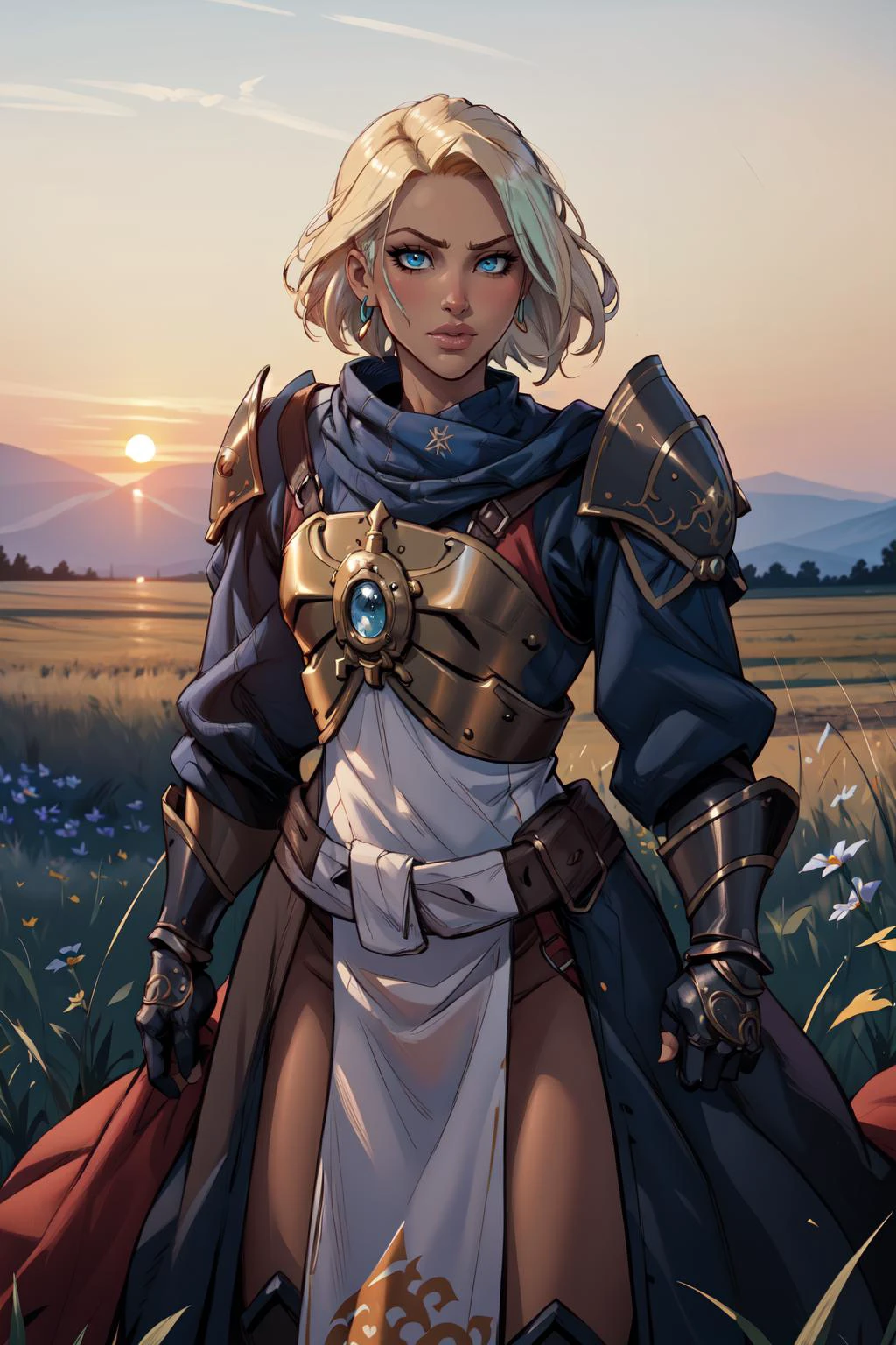 (masterpiece,best quality,absurdres,beautiful,aesthetic,detailed),fantasy,1girl,(dark skin),very short hair,undercut,blonde hair,solo focus,cowboy shot,wearing ornate armor,tabard,outside,field,sunset,gauntlets <lora:Oversized Clothes 2_400740:1.7> oversized clothes