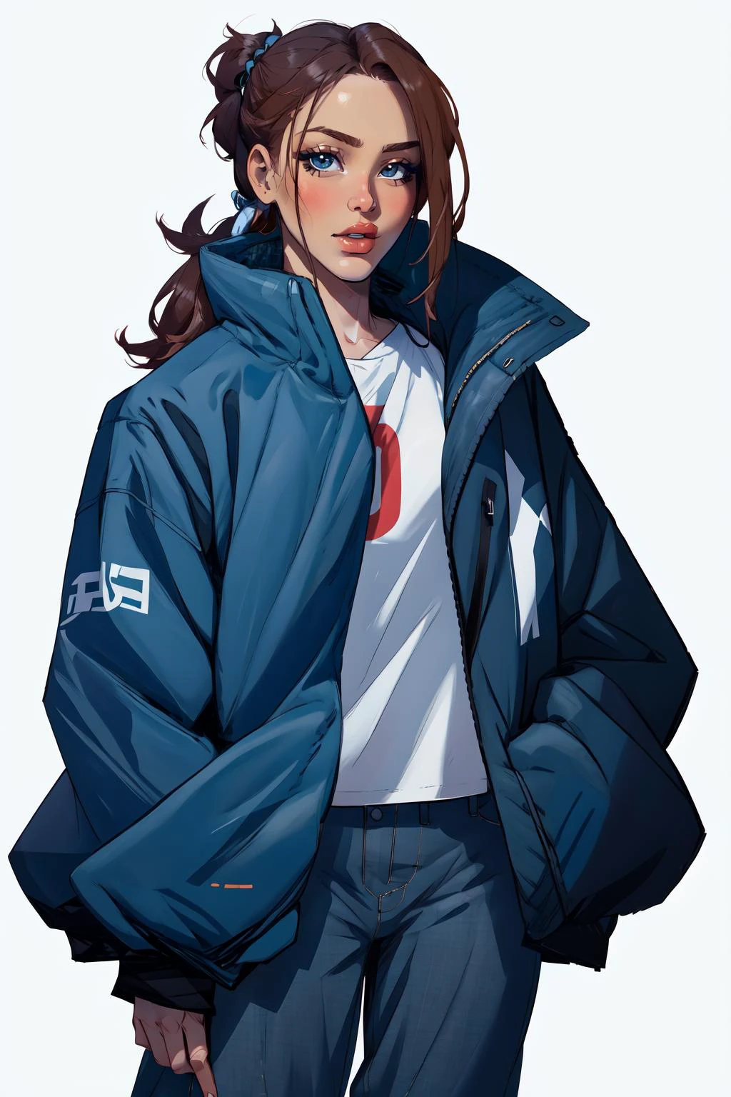(masterpiece,best quality,absurdres,beautiful,aesthetic,detailed),1girl,cowboy shot,pants,puffy jacket,<lora:Oversized Clothes 2_400740:2> oversized clothes