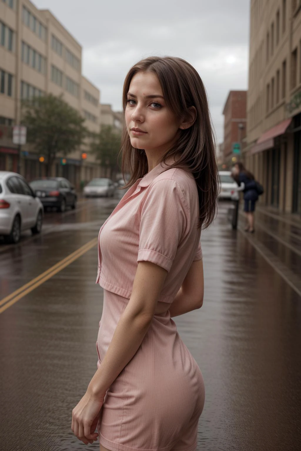 woman in steet ,slim body, blush,office lady, wet clothes, rain, wide view angle, from top, detailed background, maximum details, best quality, masterpiece, realistic, hdr, detailed, intricate, (perfect embarrassed face:1.3) <lora:add_detail:0.8> <lora:hairdetailer:0.8> <lora:real_skin:0.8>