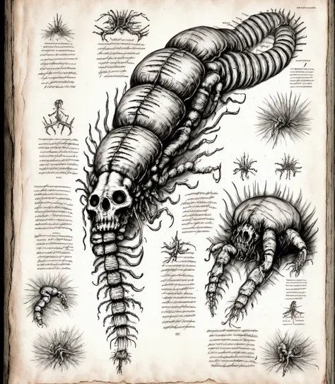 DrawMonster, DraWM0n57ER,full page scan of 1800s detailed anatomy book medical,mysterious symbols around,text,scribbles and text-notes,DrawMonster, centipede,anatomy coal illustrations,style of Kim Jung Gi,ancient writing,old white paper,sheet page scan,Jan Matejko ADOLPHE MILLOT,
<lora:AnyLora-MonsterLora09:0.9>