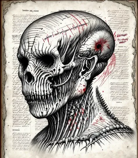 DraWM0n57ER,full page scan of 1800s detailed anatomy book medical,mysterious symbols around,text,scribbles and text-notes, blood, blood splatter, dinosaur,anatomy coal illustrations,style of Kim Jung Gi,ancient writing,old white paper,sheet page scan,Jan Matejko ADOLPHE MILLOT,
<lora:AnyLora-MonsterLora09:0.9>