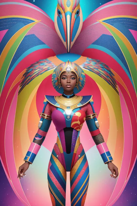 1girl, Afrofuturism illustration Pelican, the Pelican is Ludicrous, vibrant colors, futuristic elements, cultural symbolism, cosmic imagery, dynamic patterns, empowering narratives