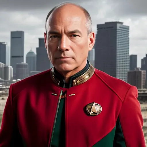 tng-picard  RAW photo, a close up portrait photo of a man in wastelander clothes, background is city ruins, (high detailed skin:1.2), 8k uhd, dslr, soft lighting, high quality, film grain, Fujifilm XT3