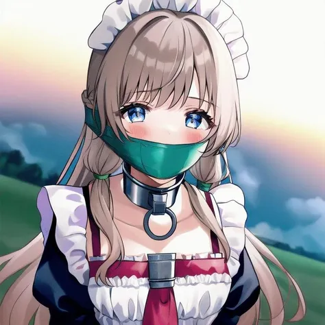 1girl, solo, wrapgag, tape gag, gagged, light blush, maid, maid headdress, maid apron, long sleeves, long hair, outdoors, upper body, <lora:wrapgag:1>,  <lora:metalCollar:1.0>, (metal collar:1.2)