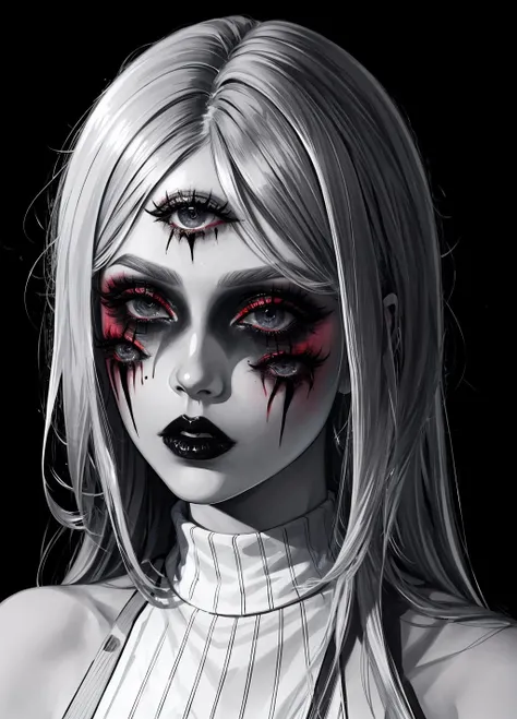 a close up of a woman with a face covered in black and white makeup, black metal face paint, with black metal face paint, gothic face, die antwoord yolandi portrait, with black sclera eyes, black metal style, kerli koiv, hyper - goth, killstar, gothic horror vibes, modeling photograph kerli koiv