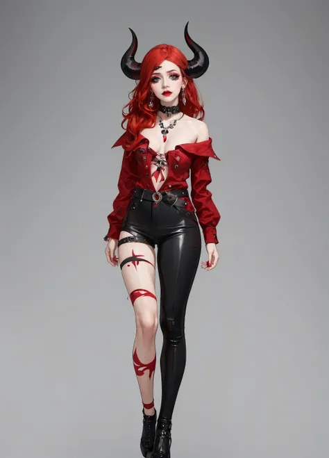 multiple_eyes, 1girl, red hair, grey eyes, closed mouth, lipstick, black lips, makeup, horns, demon horns, jewelry, earrings, blood, looking at viewer, (((full body))), grey background, <lora:multiple_eyes-06:1.4>