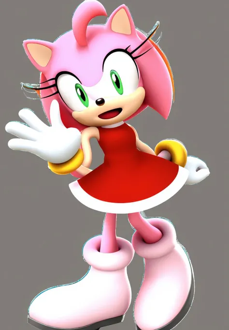 <lora:Amy_Rose:0.8>, Amy_Rose, 1girl, solo, looking at viewer, smile, open mouth, simple background, hair ornament, dress, standing, full body, ahoge, :d, sleeveless, sleeveless dress, short dress, red dress, happy, outstretched arm, clenched hand, white outline