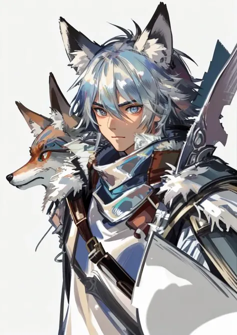 masterpiece, best quality,1man,male,A warrior , a fox-shaped fur hat with raw edges on the edges of the armor