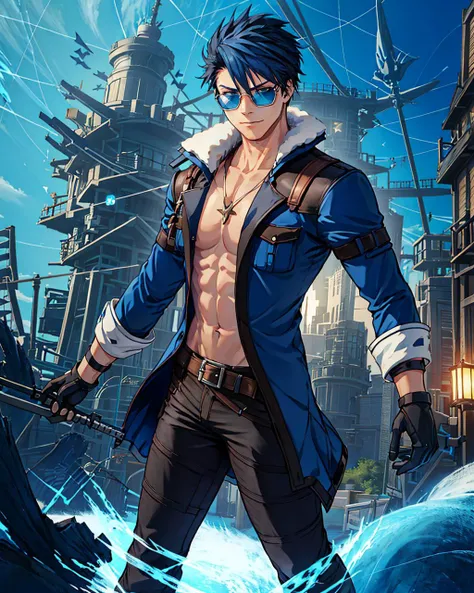 1boy, van arkride, masterpiece, best quality, absurdres, solo, adult, blue hair, captain, armor, spiked hair, short hair, mechanical arms, power lines, blue gloves, gauntlets, sunglasses, closed mouth, star \(symbol\), boots, belt, pants, star print, blue pants, gloves <lora:VanArkride-10:0.7>