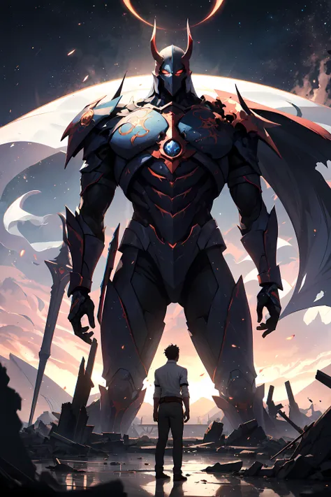 Amidst celestial ruins, two colossal male titans clash, their forms wreathed in ethereal light. Yet, amidst their cosmic battle, an unexpected undercurrent of romantic tension flows, veiled beneath the clashes, marking a convergence of fate with a tender twist amidst the chaos of cosmic love.