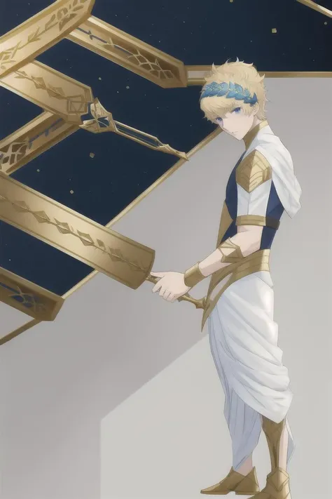 Castor(fate), 1boy, castor_(fate), light gold hair, blue eyes, diadem, metal headwear (Laurel wreath), <lora:塿¯æå°:0.8>, masterpiece, best quality, highres, male focus, solo focus, pov, black underwear, armlet, armor , full body, standing, sex, yoai, gay, penis, penis out, handjob, cum,