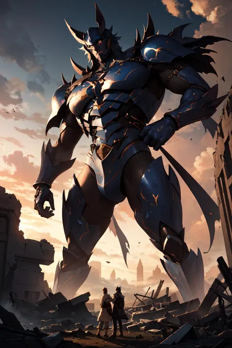 Amidst celestial ruins, two colossal male titans clash, their forms wreathed in ethereal light, tender twist amidst the chaos of cosmic love.
