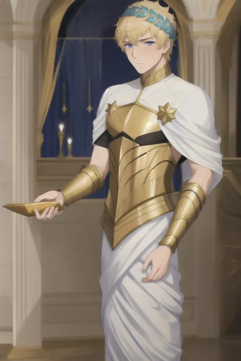 Castor(fate), 1boy, castor_(fate), light gold hair, blue eyes, diadem, metal headwear (Laurel wreath), <lora:塿¯æå°:0.7>, masterpiece, best quality, highres, male focus, solo focus, pov, black underwear, armlet, armor , standing, sex, yoai, gay, penis, penis out, handjob, cum, sweat soaked clothes, sweat, wet,