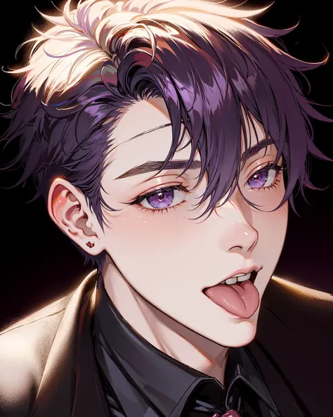 1boy, masterpiece, best quality, absurdres, solo, adult, purple hair, tongue out, very short hair, spiky hair, close-up portrait, sky <lora:ã«ã__nori31291404_Art_Style:1.5>