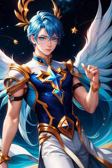 ((masterpiece)),((best quality)),((detailed))
1boy, solo, male focus, star guardian, league of legends style, costume, star guardian costume, sky, flying, colorful sky, blurry background, upper body focus, white costume, stars symbols, dreamy eyes, masculine, cosmic blue hair, cosmic eyes, looking at viewer, floating pose,
<lora:add_detail:0.7> ,