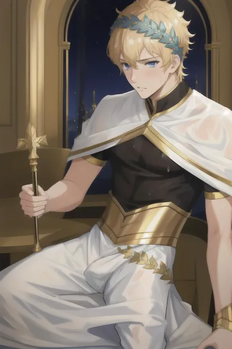 Castor(fate), 1boy, castor_(fate), light gold hair, blue eyes, diadem, metal headwear (Laurel wreath), <lora:塿¯æå°:0.65>, masterpiece, best quality, highres, male focus, solo focus, pov, black underwear, armlet, armor , standing, sex, yoai, gay, penis, penis out, handjob, cum, sweat soaked clothes, sweat, wet, see-through clothes,