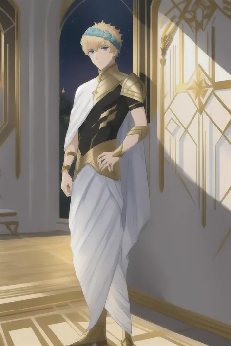 Castor(fate), 1boy, castor_(fate), light gold hair, blue eyes, diadem, metal headwear (Laurel wreath), <lora:塿¯æå°:0.8>, masterpiece, best quality, highres, male focus, solo focus, pov, black underwear, armlet, armor , full body, standing, sex, yoai, gay, penis, penis out, handjob, cum,