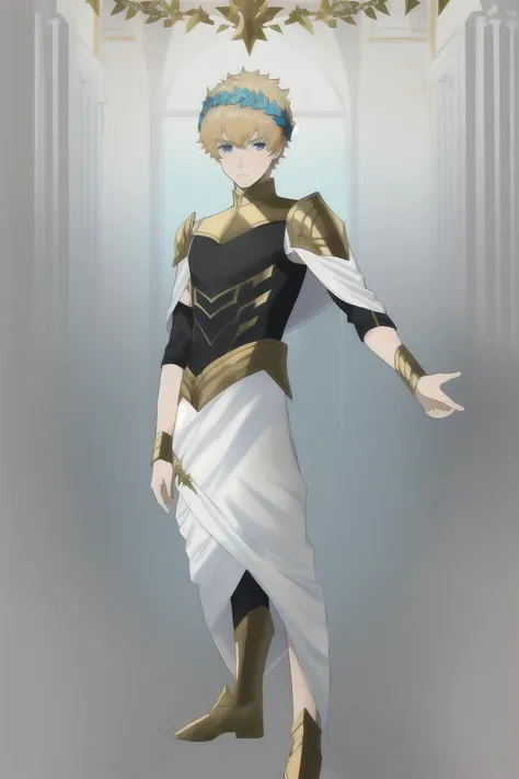 Castor(fate), 1boy, castor_(fate), light gold hair, blue eyes, diadem, metal headwear (Laurel wreath), <lora:塿¯æå°:0.8>, masterpiece, best quality, highres, male focus, solo focus, pov, black underwear, armlet, armor , full body, standing,