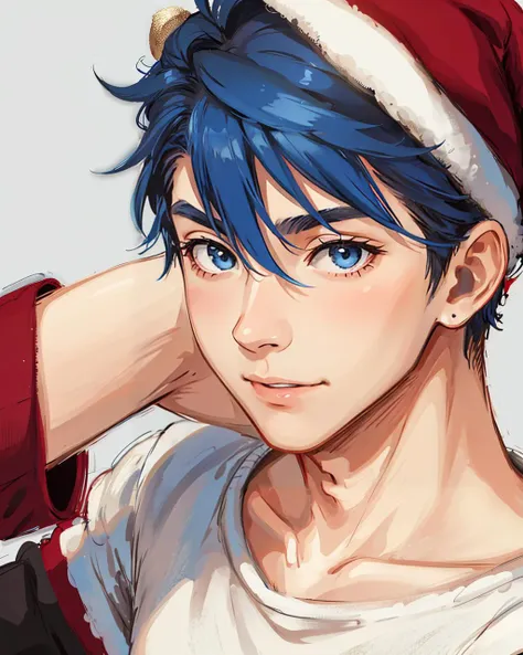 1boy, masterpiece, best quality, absurdres, solo, van arkride, blue hair, gray eyes, christmas hat, sitting, snow, close-up portrait <lora:VanArkride:0.4>