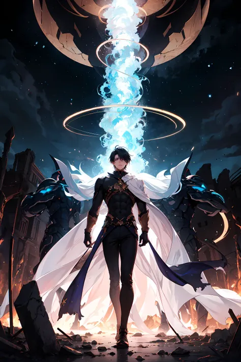 Amidst celestial ruins, two colossal male titans clash, their forms wreathed in ethereal light. Yet, amidst their cosmic battle, an unexpected undercurrent of romantic tension flows, veiled beneath the clashes, marking a convergence of fate with a tender twist amidst the chaos of cosmic love.