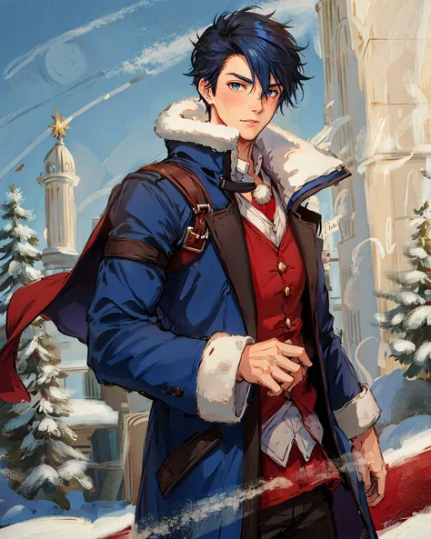 1boy, masterpiece, best quality, absurdres, solo, van arkride, two-toned hair, black hair, blue hair, gray eyes, christmas hat, red cape, red robe, outside, snow, cold breath, blush, portrait <lora:VanArkride:0.6>