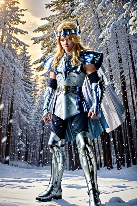 <lora:zzhyogacygnuszz_v1:1>
masterpiece, highly detailed photorealistic 8k raw photo, best cinematic quality, volumetric lighting and shadows, sunday lighting
young man, armor, belt, blonde hair, blue eyes, boots, fingerless gloves, full body, gauntlets, helmet, zzhyogacygnuszz, white clothes, action pose (Extreme long shot:1.2)
(snowy forest background:1.2) , snowing