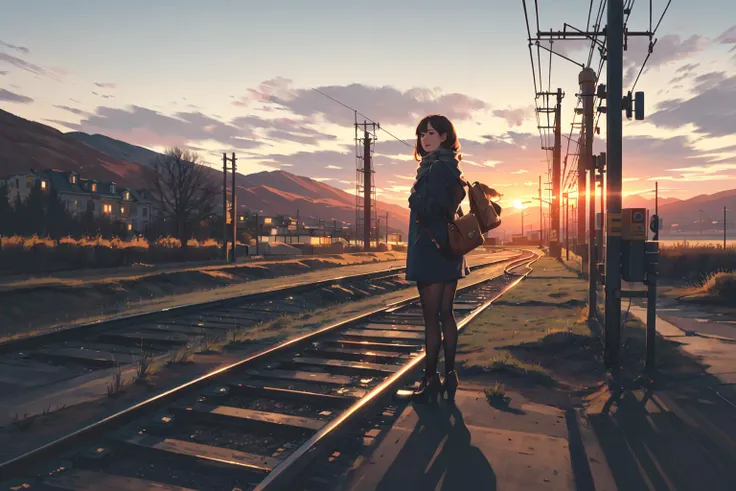 style by snitt,impasto,
1girl, outdoors, solo, sunset, scarf, bag, scenery, railroad tracks, coat, sky, skirt, standing, long hair, grass, power lines, ground vehicle, evening, mountain, pantyhose, black hair, road, brown hair, black footwear, holding, train station, long sleeves
<lora:style by snitt_20231103102242-000018:0.8>