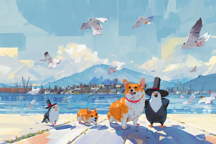 (masterpiece:1.2), best quality,PIXIV,
style by snatti, bird, no humans, top hat, penguin, hat, dog, animal focus, pigeon
<lora:style by snatti-000018:1>