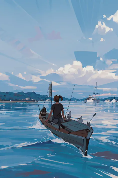 -style by snatti, bird, 1girl, cloud, sky, outdoors, boat, ponytail, watercraft, hat, water, scenery<lora:style by snatti-000018:0.9>