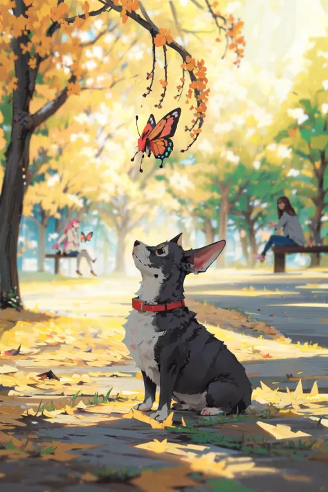 -style by snatti, dog, butterfly, bug, outdoors, blurry, tree, park, blurry background, leaf, animal focus, animal, sitting, 1girl, bench<lora:style by snatti-000018:0.9>