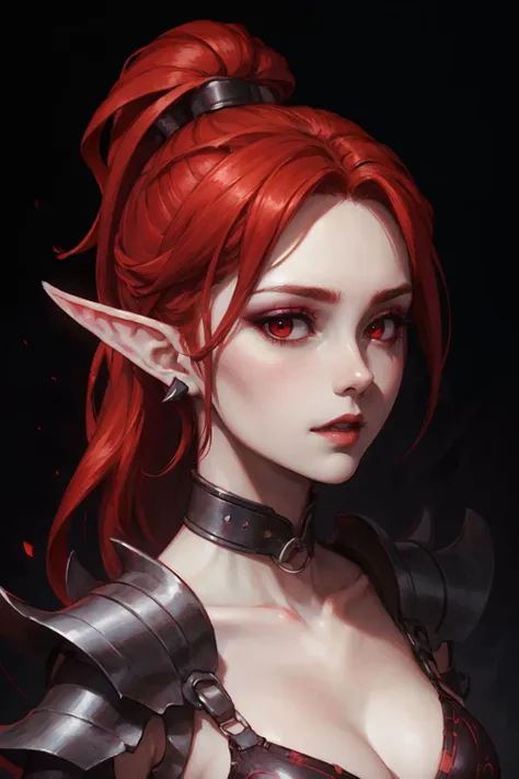 (high quality, best quality), face portrait,
1girl, pale skin, white skin,
LelithHesperax, long hair, red hair, ponytail, hair ornament, pointy ears, red eyes, makeup, eyeshadow, neck collar, 
black bra,
dark background, detailed background,
<lora:Lelith_Hesperax__Warhammer_40k-000010:0.8>