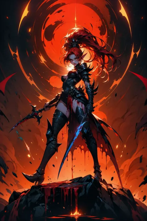 (masterpiece:1.4), (intricate:1.2), (detailed:1.2), (vibrant colors:1.2), BREAK,
(dark fantasy:1.2), (dynamic pose:1.0), (full body:1.0), (dark red theme:1.0), (from below:1.1),BREAK,
(LelithHesperax:1.2), (red hair:1.0), (long hair:1.0), (ponytail:1.0), (pointy ears:1.0), (red eyes:1.0), (holding a dagger:1.0), (blood:1.2), <lora:Lelith_Hesperax__Warhammer_40k:0.6> , BREAK,
(fortress:1.0), (monsters:1.0)