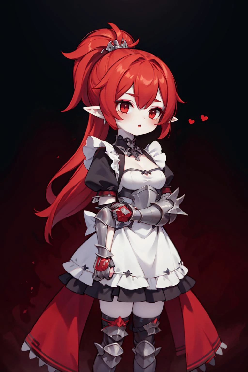(high quality, best quality),
1girl, pale skin, white skin,
LelithHesperax, long hair, red hair, ponytail, hair ornament, pointy ears, red eyes, makeup, eyeshadow,
maid dress, armored thighhighs, cute,
dark background,
<lora:Lelith_Hesperax__Warhammer_40k-000010:0.8>