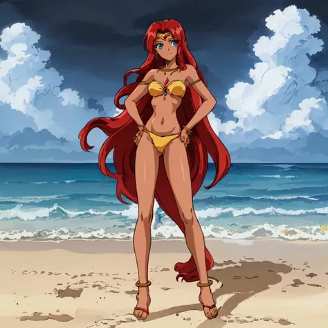 <lora:Tatra-10:1>beach,ocean,outdoor,Masterpeace,high quality,Tatra, 1girl, solo, long hair, navel, jewelry, blue eyes, red hair, necklace, anklet,yellow bikini,dark-skinned female,circlet,full body,standing,hands on hips,midriff,navel