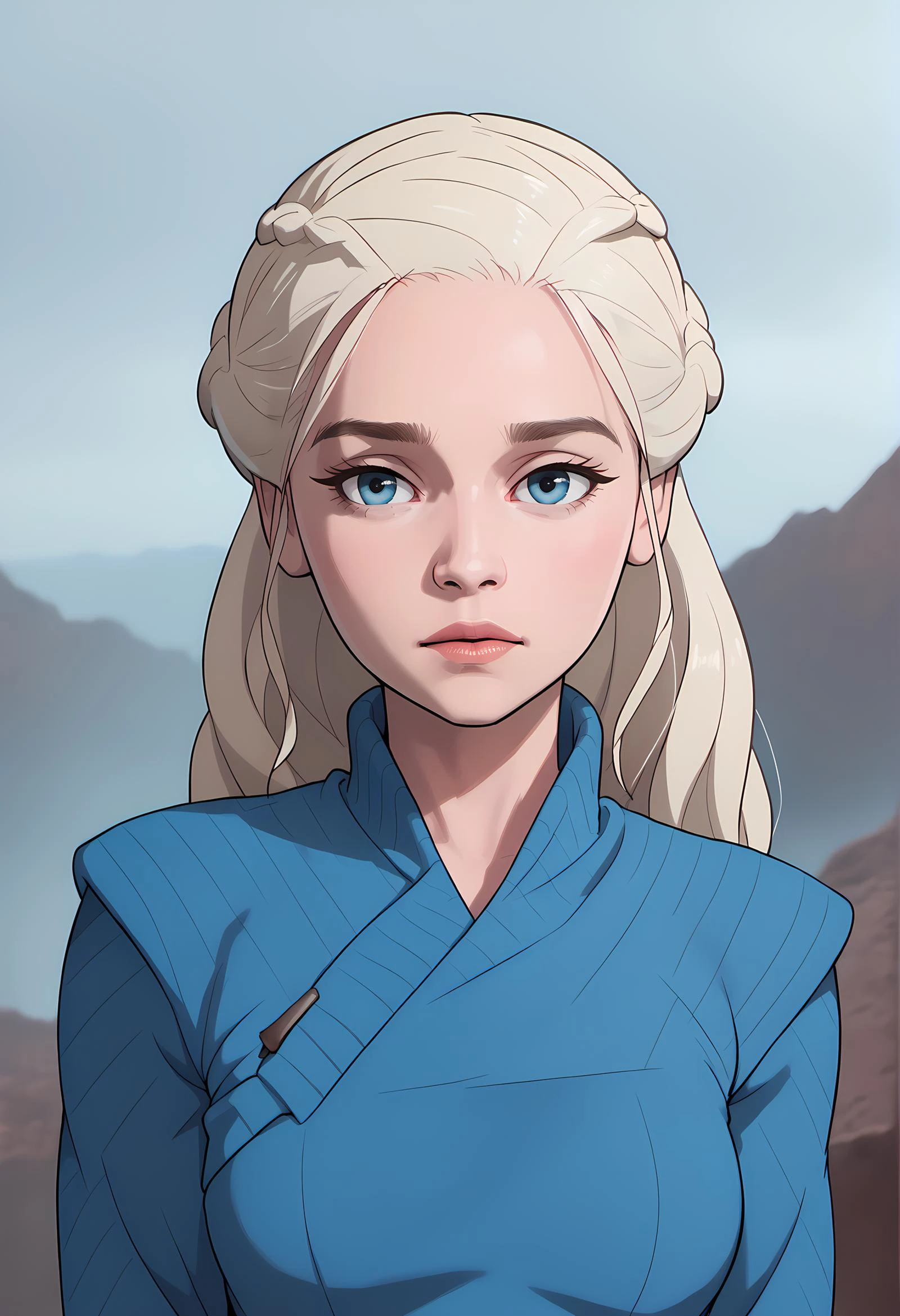 score_9, score_8_up, score_7_up, daenerys, 1girl, solo, blue eyes, red hair, breast, blue sweater, closed mouth, upper body, long hair, lips, looking at viewer, portrait <lora:Daenerys_v1:1>
