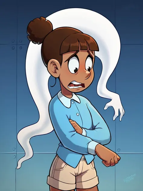 score_9, score_8_up, score_7_up, score_6_up, score_5_up, score_4_up, 1girl, source_anime, marsha_bunnicula, hair bun, blue collared shirt, long sleeves, tan shorts, standing, scared, dark room, ghost, detailed face, detailed eyes, detailed background, flat color, <lora:marsha-v1:1>