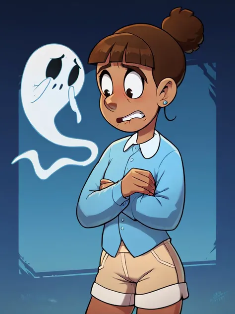 score_9, score_8_up, score_7_up, score_6_up, score_5_up, score_4_up, 1girl, source_anime, marsha_bunnicula, hair bun, blue collared shirt, long sleeves, tan shorts, standing, scared, dark room, ghost, detailed face, detailed eyes, detailed background, flat color, <lora:marsha-v1:1>