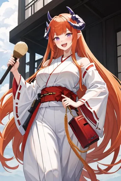 best quality, masterpiece, highres, solo, {white kimono:1.35}, {red hakama:1.35}, {wide sleeves:1.20}, {bagpipe_arknights:1.15}, horns, long_hair, bangs, orange_hair, smile, purple_eyes, dragon_horns, upper_body, very_long_hair, breasts, open_mouth, blush, large_breasts