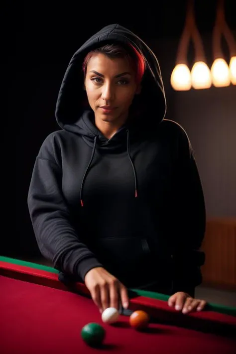 DEN_roxie_sinner,
(playing snooker in a dark atmospheric pool hall wearing casual clothing and a hoodie, atmospheric, snooker, cue, playing snooker, leaning over the table:1.2),
bokeh, f1.4, 40mm, photorealistic, raw, 8k, textured skin, skin pores, intricate details  <lora:epi_noiseoffset2:1>, epiCRealism <lora:ClothingAdjuster3:-1.3>