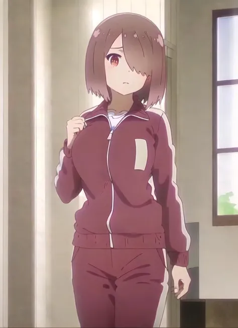 masterpiece, best quality, high quality, 1girl, solo,  <lora:hoshino_miyako-v2:1>, hoshino_miyako, red hair, red eyes, hair over one eye, short hair, indoors, track pants, white shirt, large breasts, t-shirt, track jacket, anime screencap,