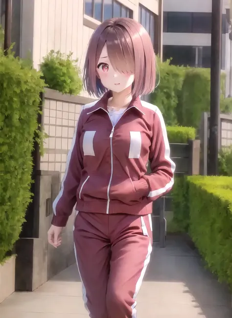 masterpiece, best quality, high quality, 1girl, solo, <lora:hoshino_miyako-v2:1>, hoshino_miyako, 1girl, solo, red eyes, short hair, red hair, hair over one eye, track pants, white shirt, t-shirt, track jacket, outdoors, day